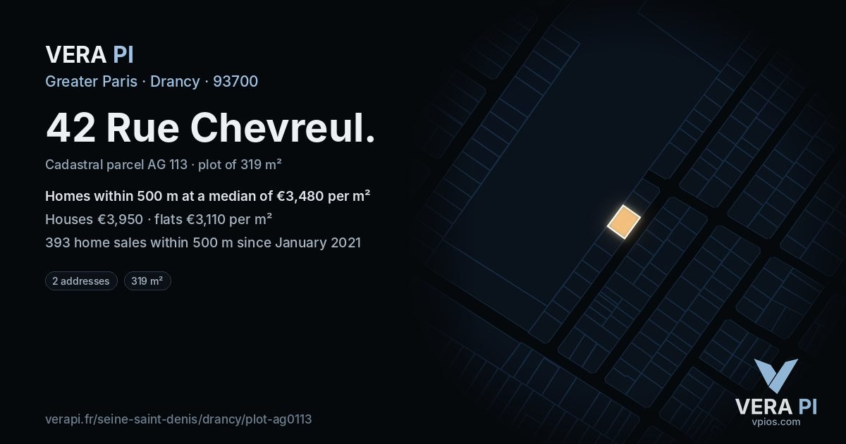 42 Rue Chevreul, Drancy at night – the plot lit, the parcels around coloured by the prices near them