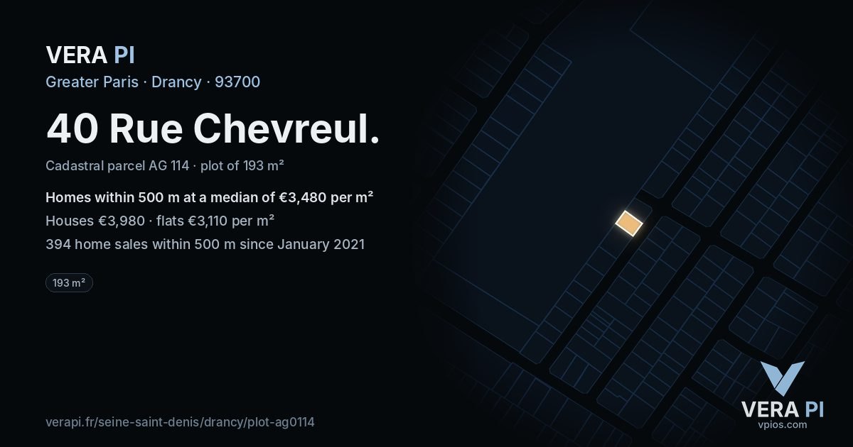 40 Rue Chevreul, Drancy at night – the plot lit, the parcels around coloured by the prices near them