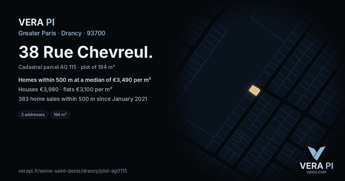 38 Rue Chevreul, Drancy at night – the plot lit, the parcels around coloured by the prices near them