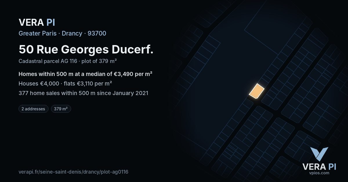 50 Rue Georges Ducerf, Drancy at night – the plot lit, the parcels around coloured by the prices near them