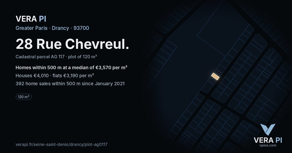 28 Rue Chevreul, Drancy at night – the plot lit, the parcels around coloured by the prices near them