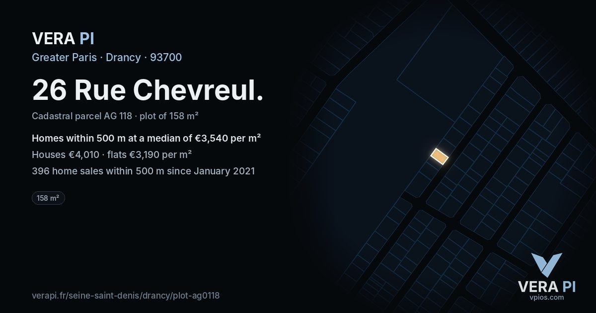 26 Rue Chevreul, Drancy at night – the plot lit, the parcels around coloured by the prices near them