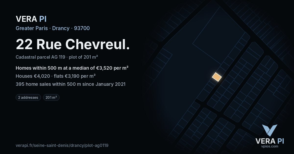 22 Rue Chevreul, Drancy at night – the plot lit, the parcels around coloured by the prices near them