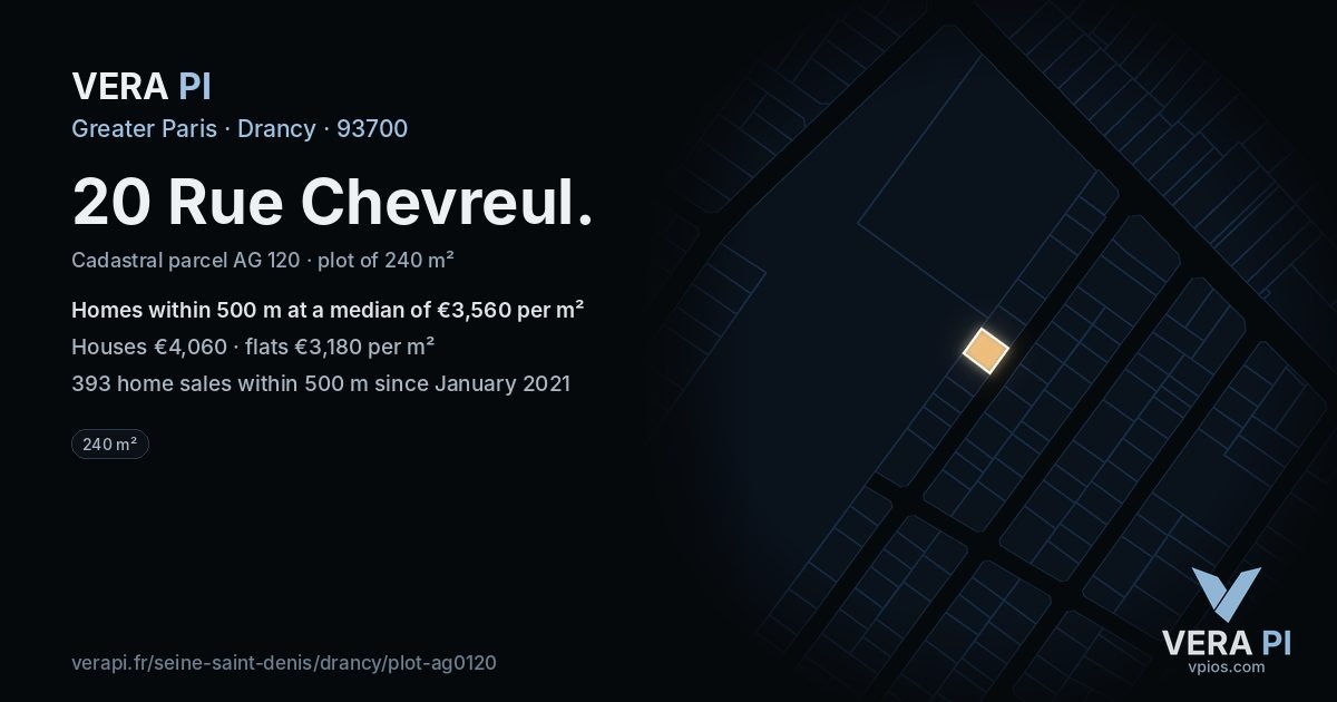 20 Rue Chevreul, Drancy at night – the plot lit, the parcels around coloured by the prices near them
