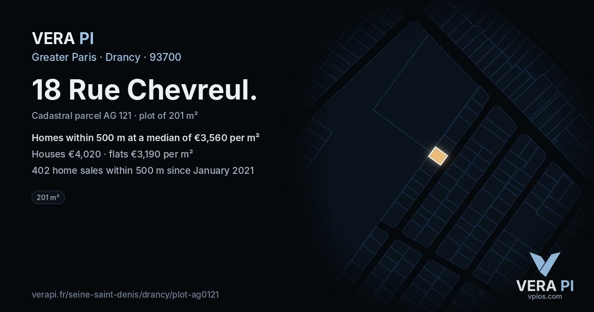 18 Rue Chevreul, Drancy at night – the plot lit, the parcels around coloured by the prices near them