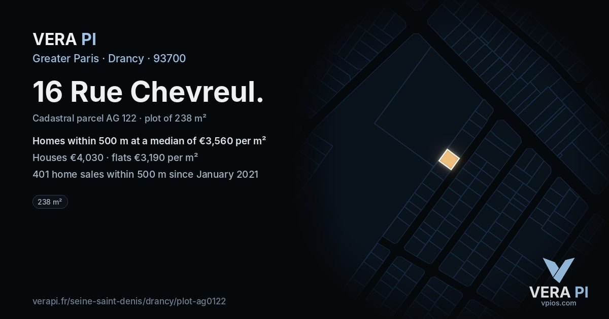 16 Rue Chevreul, Drancy at night – the plot lit, the parcels around coloured by the prices near them