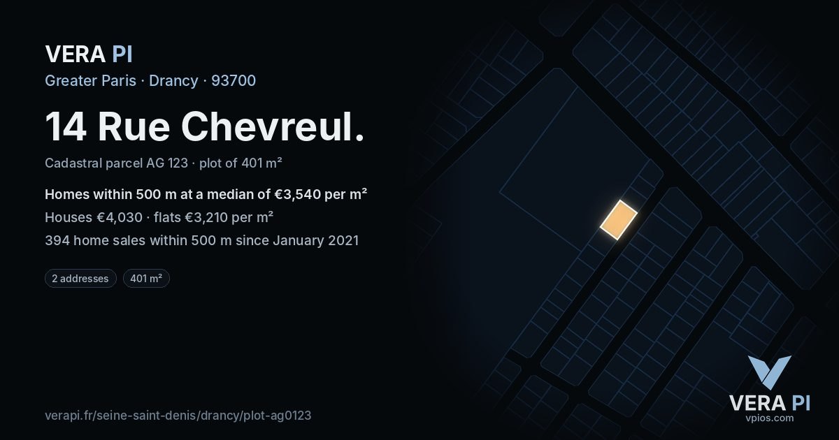 14 Rue Chevreul, Drancy at night – the plot lit, the parcels around coloured by the prices near them