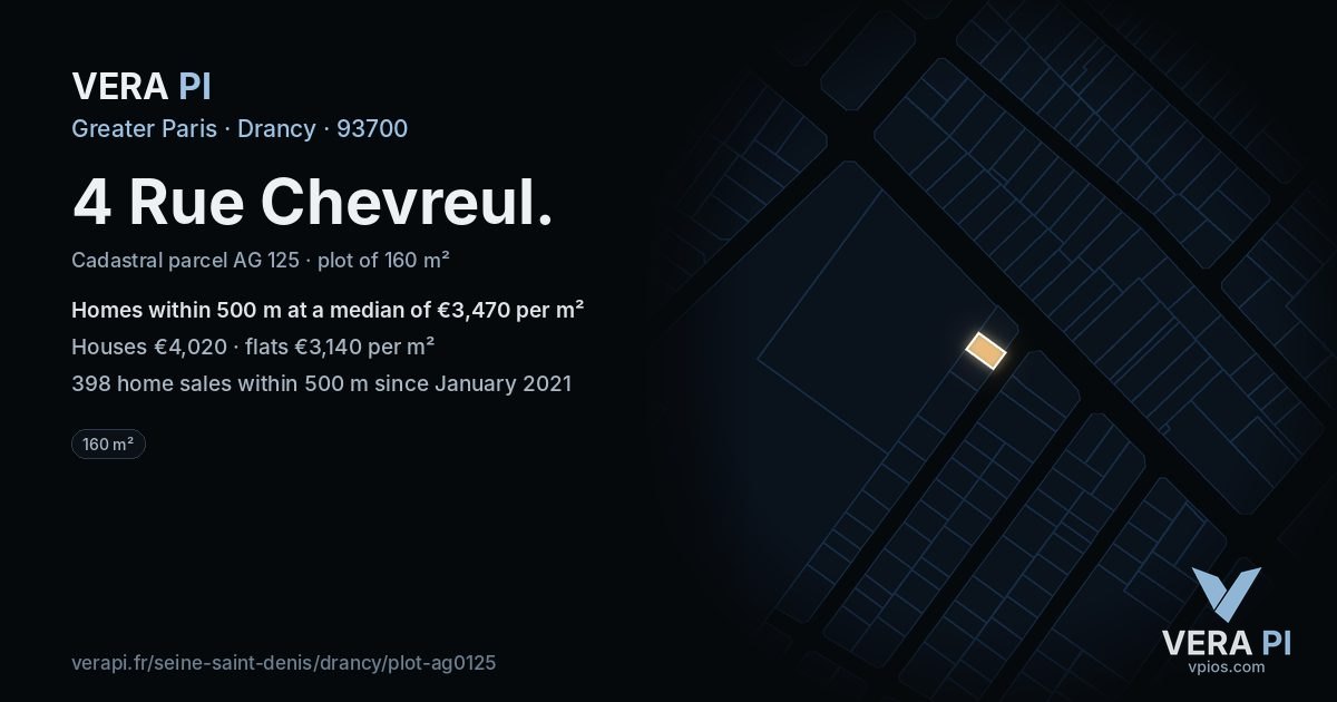 4 Rue Chevreul, Drancy at night – the plot lit, the parcels around coloured by the prices near them