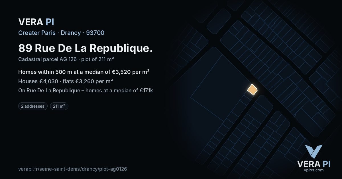 89 Rue De La Republique, Drancy at night – the plot lit, the parcels around coloured by the prices near them
