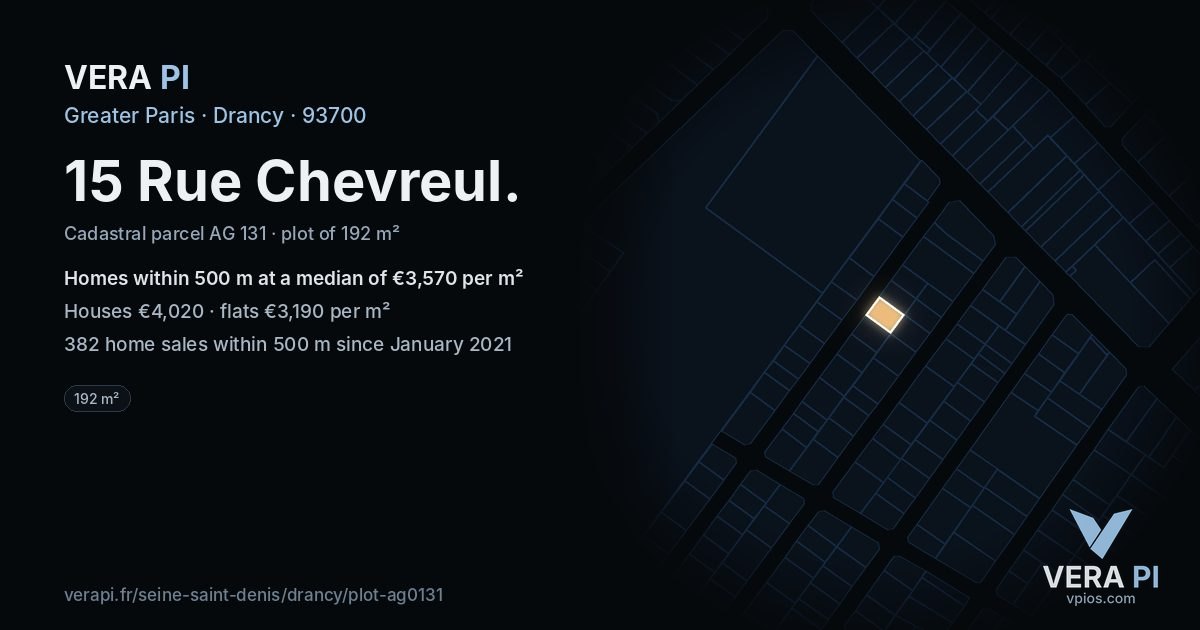 15 Rue Chevreul, Drancy at night – the plot lit, the parcels around coloured by the prices near them