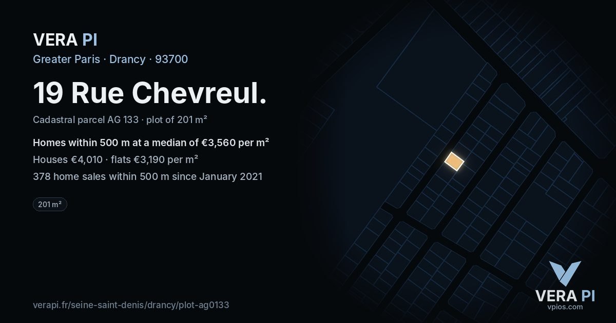 19 Rue Chevreul, Drancy at night – the plot lit, the parcels around coloured by the prices near them