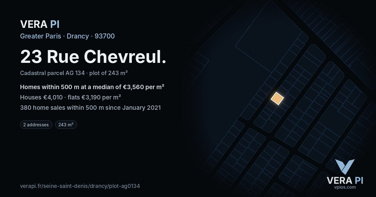 23 Rue Chevreul, Drancy at night – the plot lit, the parcels around coloured by the prices near them