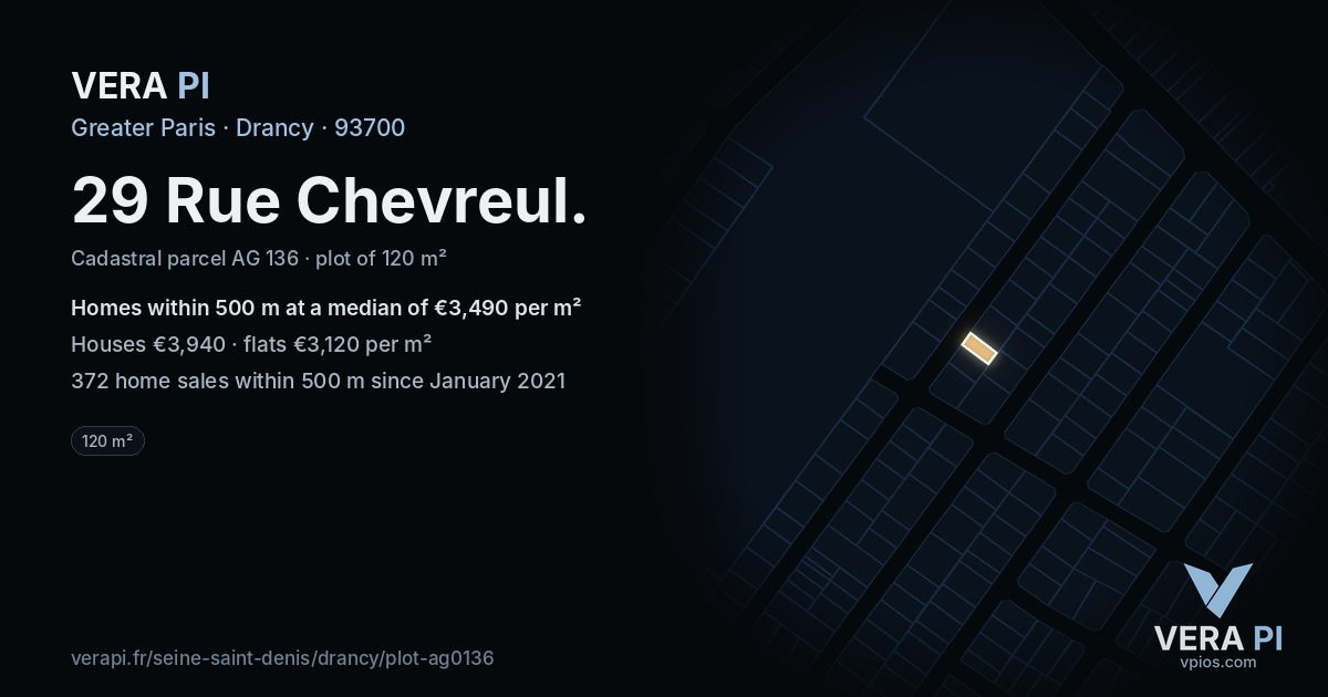 29 Rue Chevreul, Drancy at night – the plot lit, the parcels around coloured by the prices near them
