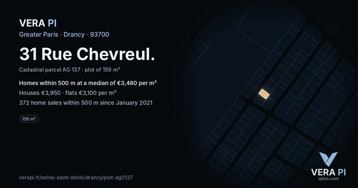 31 Rue Chevreul, Drancy at night – the plot lit, the parcels around coloured by the prices near them