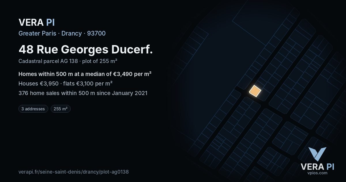 48 Rue Georges Ducerf, Drancy at night – the plot lit, the parcels around coloured by the prices near them