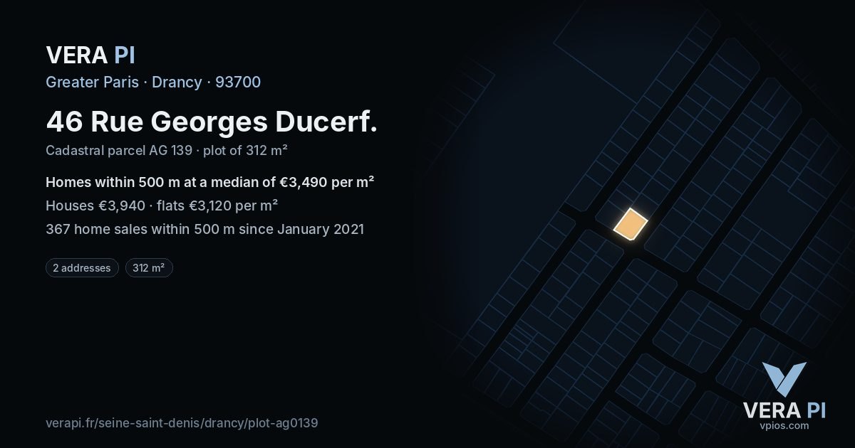 46 Rue Georges Ducerf, Drancy at night – the plot lit, the parcels around coloured by the prices near them