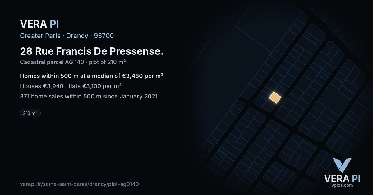 28 Rue Francis De Pressense, Drancy at night – the plot lit, the parcels around coloured by the prices near them