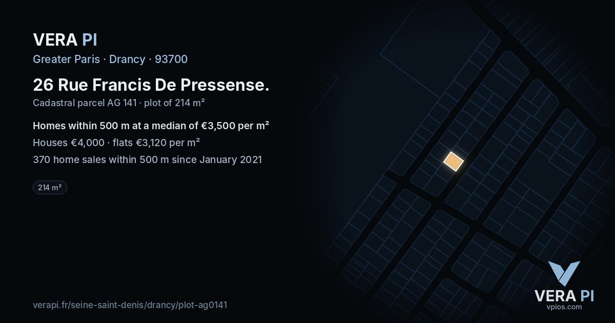26 Rue Francis De Pressense, Drancy at night – the plot lit, the parcels around coloured by the prices near them