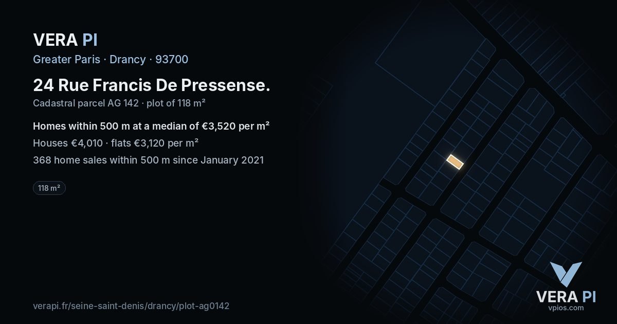 24 Rue Francis De Pressense, Drancy at night – the plot lit, the parcels around coloured by the prices near them