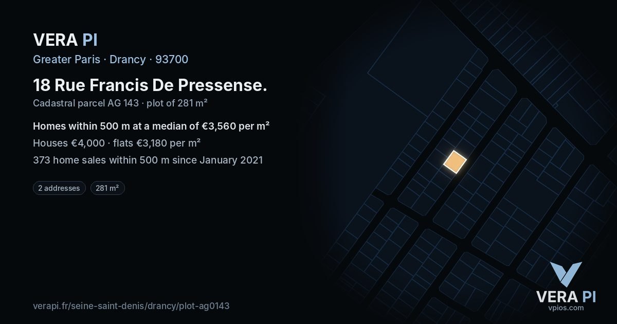 18 Rue Francis De Pressense, Drancy at night – the plot lit, the parcels around coloured by the prices near them