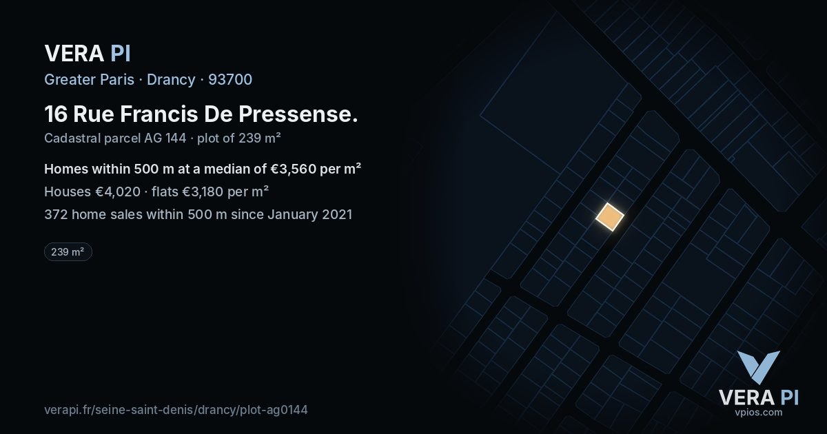 16 Rue Francis De Pressense, Drancy at night – the plot lit, the parcels around coloured by the prices near them