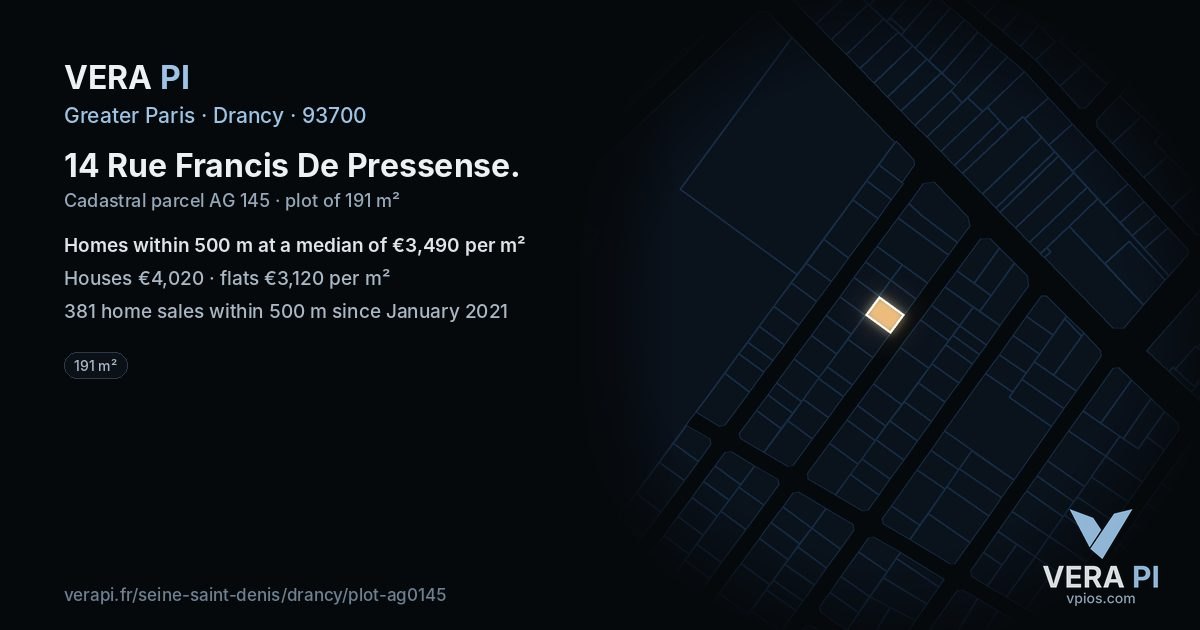 14 Rue Francis De Pressense, Drancy at night – the plot lit, the parcels around coloured by the prices near them