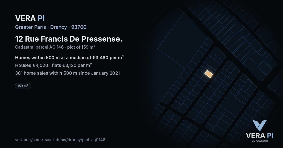 12 Rue Francis De Pressense, Drancy at night – the plot lit, the parcels around coloured by the prices near them