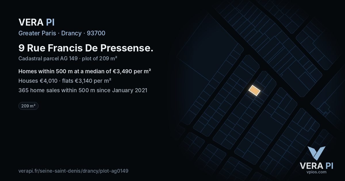 9 Rue Francis De Pressense, Drancy at night – the plot lit, the parcels around coloured by the prices near them