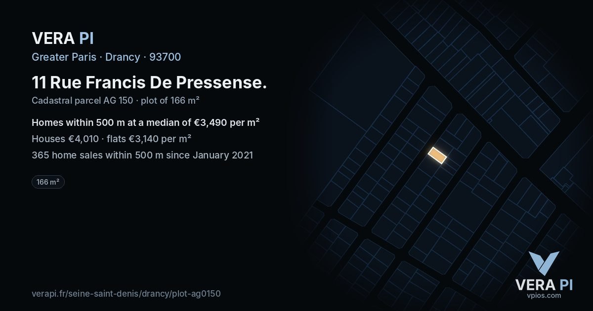 11 Rue Francis De Pressense, Drancy at night – the plot lit, the parcels around coloured by the prices near them