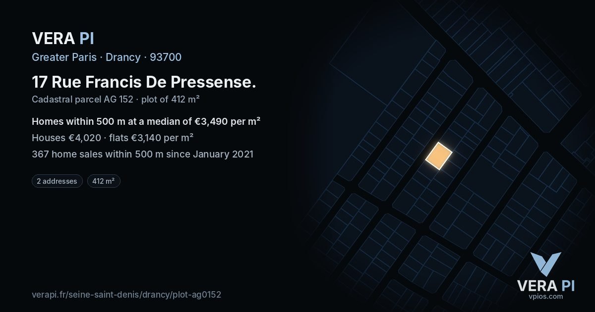 17 Rue Francis De Pressense, Drancy at night – the plot lit, the parcels around coloured by the prices near them