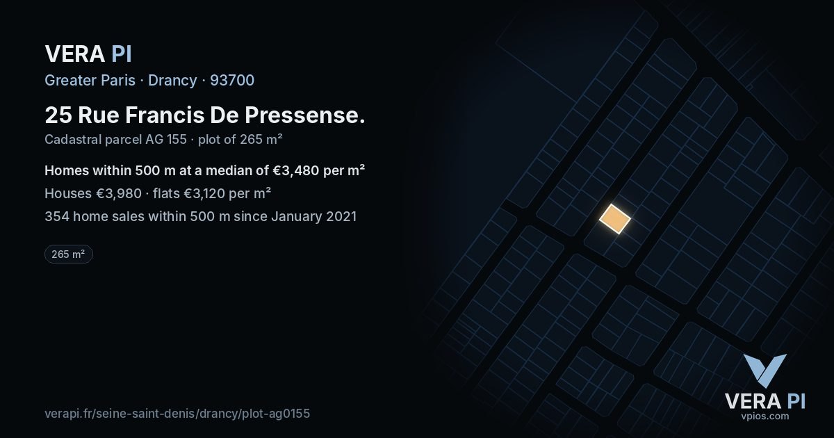 25 Rue Francis De Pressense, Drancy at night – the plot lit, the parcels around coloured by the prices near them