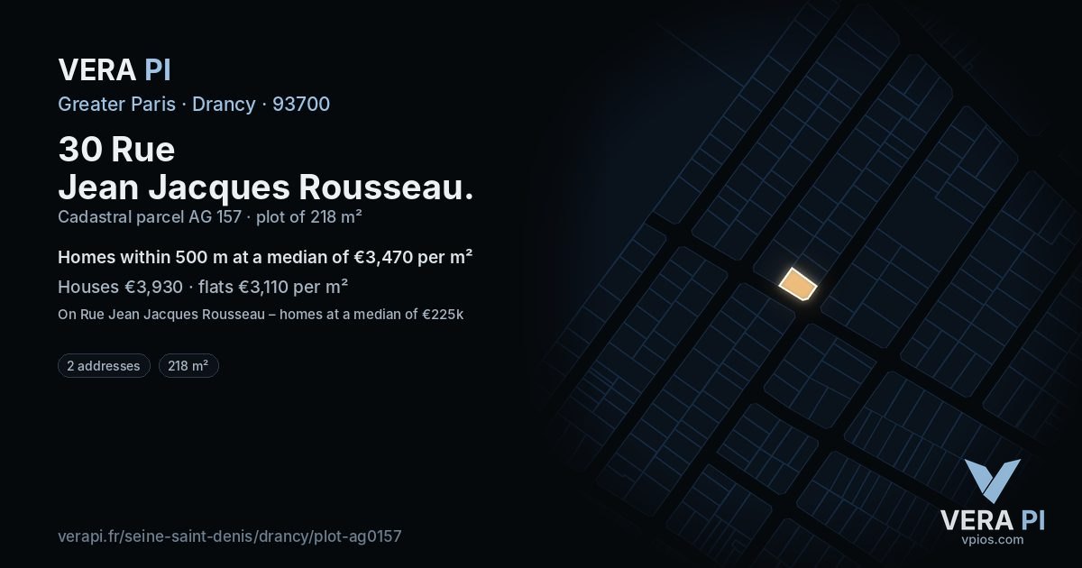30 Rue Jean Jacques Rousseau, Drancy at night – the plot lit, the parcels around coloured by the prices near them