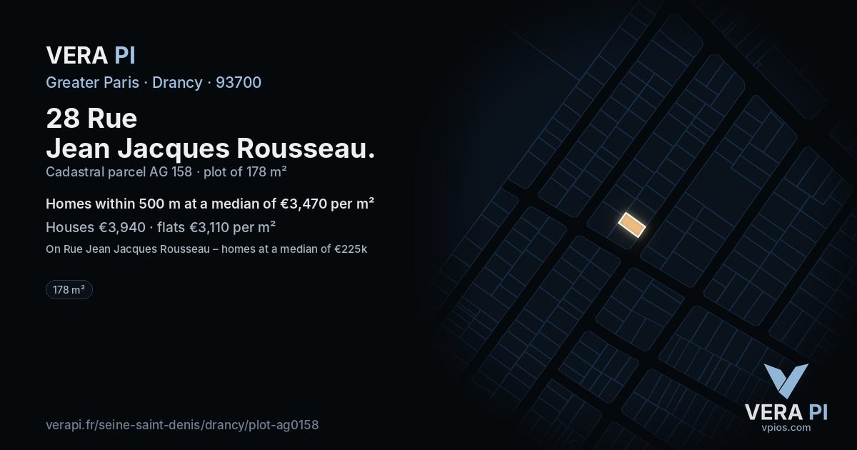 28 Rue Jean Jacques Rousseau, Drancy at night – the plot lit, the parcels around coloured by the prices near them