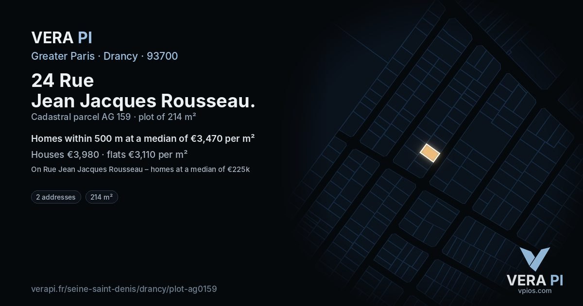 24 Rue Jean Jacques Rousseau, Drancy at night – the plot lit, the parcels around coloured by the prices near them