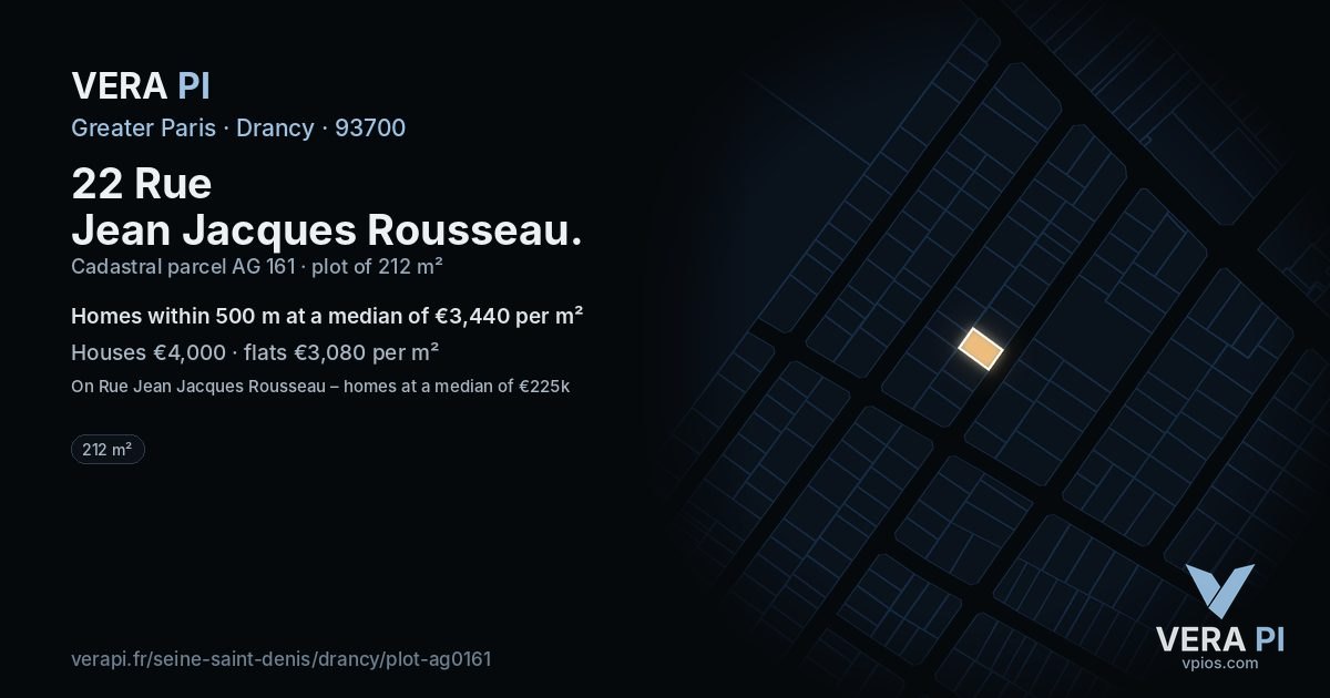 22 Rue Jean Jacques Rousseau, Drancy at night – the plot lit, the parcels around coloured by the prices near them