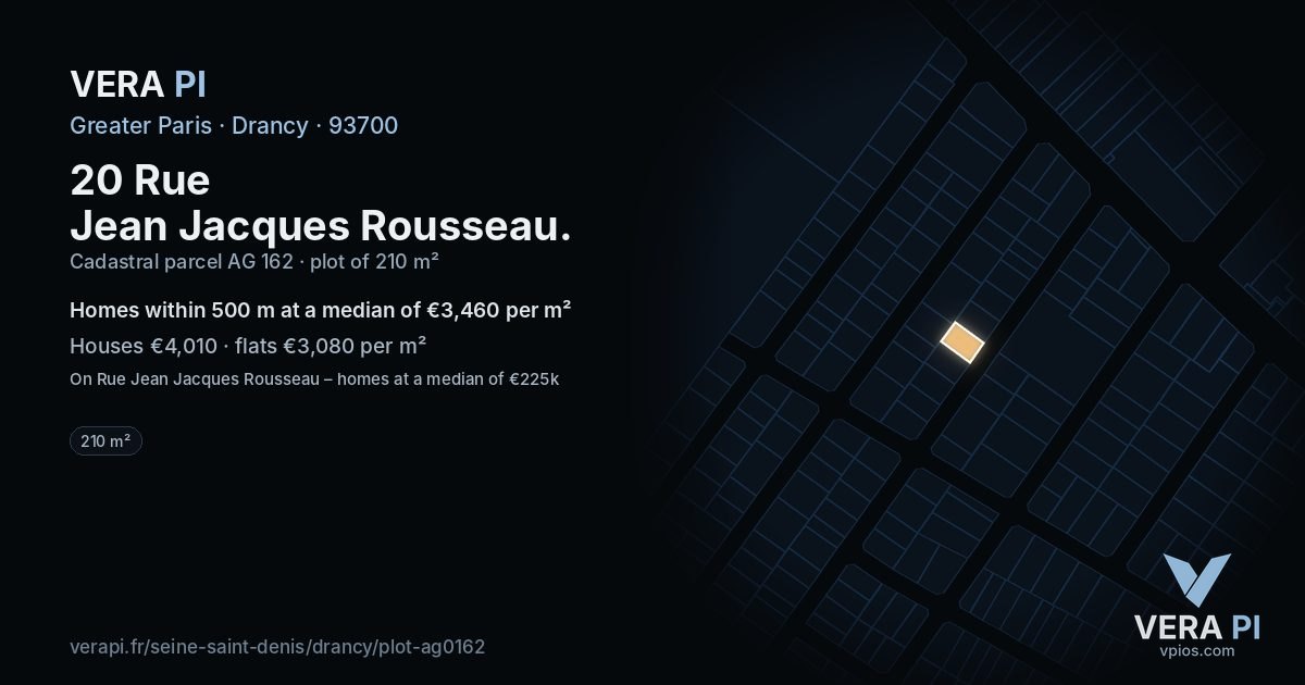 20 Rue Jean Jacques Rousseau, Drancy at night – the plot lit, the parcels around coloured by the prices near them