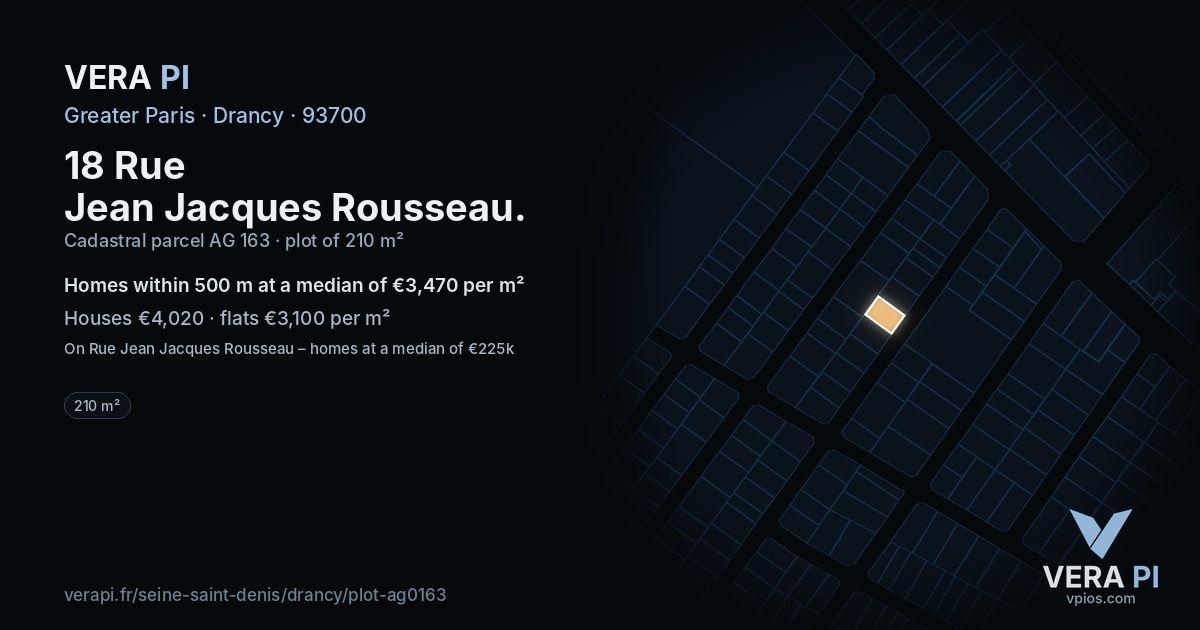 18 Rue Jean Jacques Rousseau, Drancy at night – the plot lit, the parcels around coloured by the prices near them