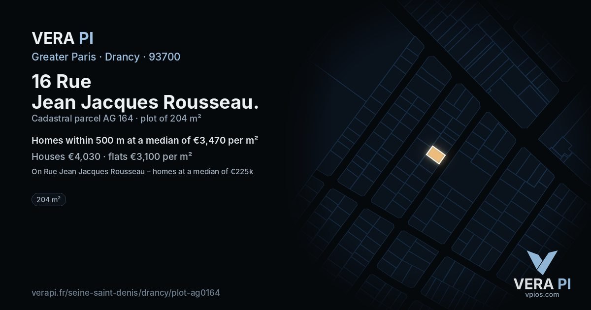 16 Rue Jean Jacques Rousseau, Drancy at night – the plot lit, the parcels around coloured by the prices near them