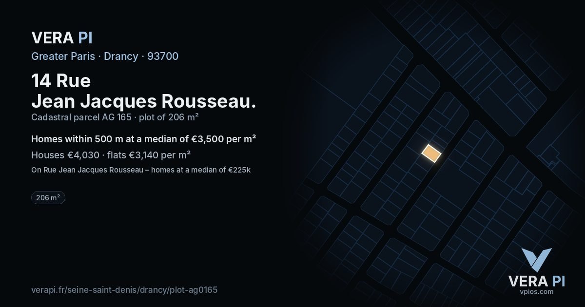 14 Rue Jean Jacques Rousseau, Drancy at night – the plot lit, the parcels around coloured by the prices near them