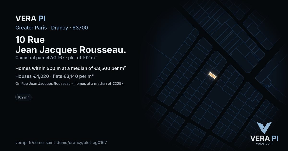 10 Rue Jean Jacques Rousseau, Drancy at night – the plot lit, the parcels around coloured by the prices near them