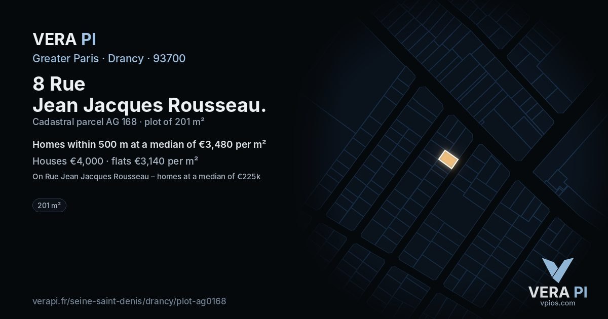 8 Rue Jean Jacques Rousseau, Drancy at night – the plot lit, the parcels around coloured by the prices near them