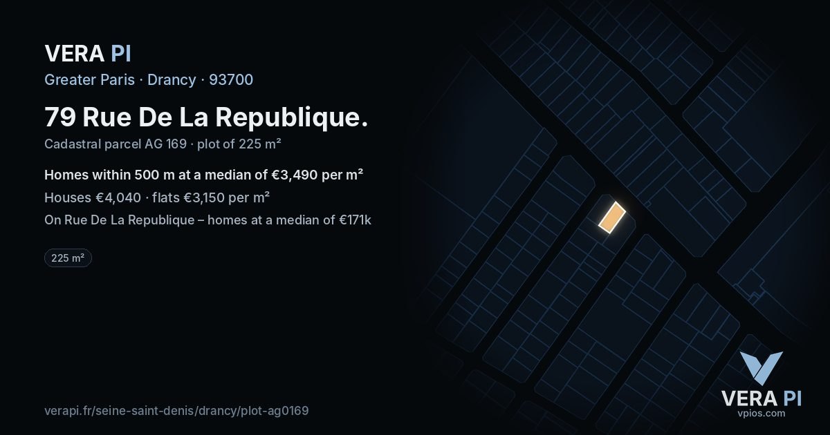 79 Rue De La Republique, Drancy at night – the plot lit, the parcels around coloured by the prices near them