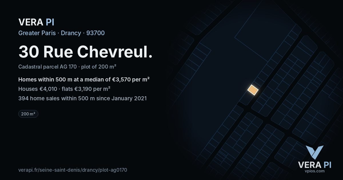 30 Rue Chevreul, Drancy at night – the plot lit, the parcels around coloured by the prices near them
