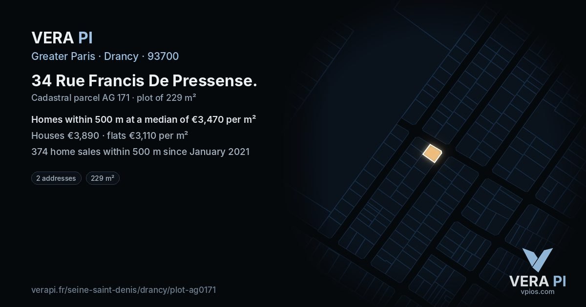 34 Rue Francis De Pressense, Drancy at night – the plot lit, the parcels around coloured by the prices near them