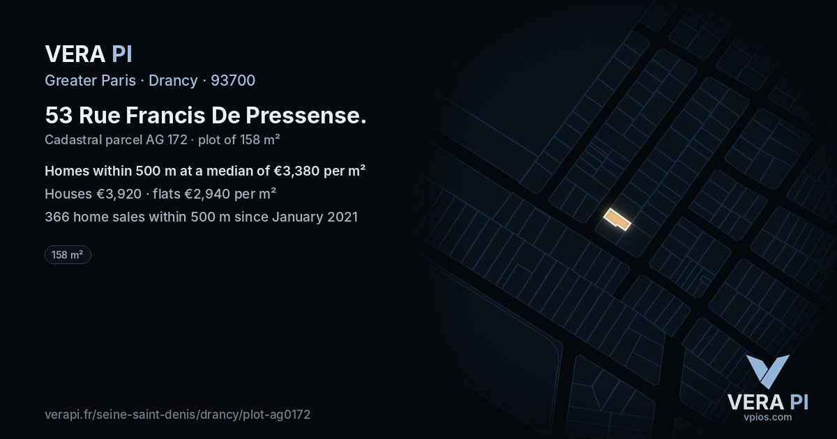 53 Rue Francis De Pressense, Drancy at night – the plot lit, the parcels around coloured by the prices near them