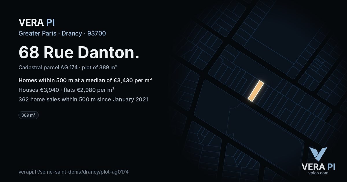 68 Rue Danton, Drancy at night – the plot lit, the parcels around coloured by the prices near them