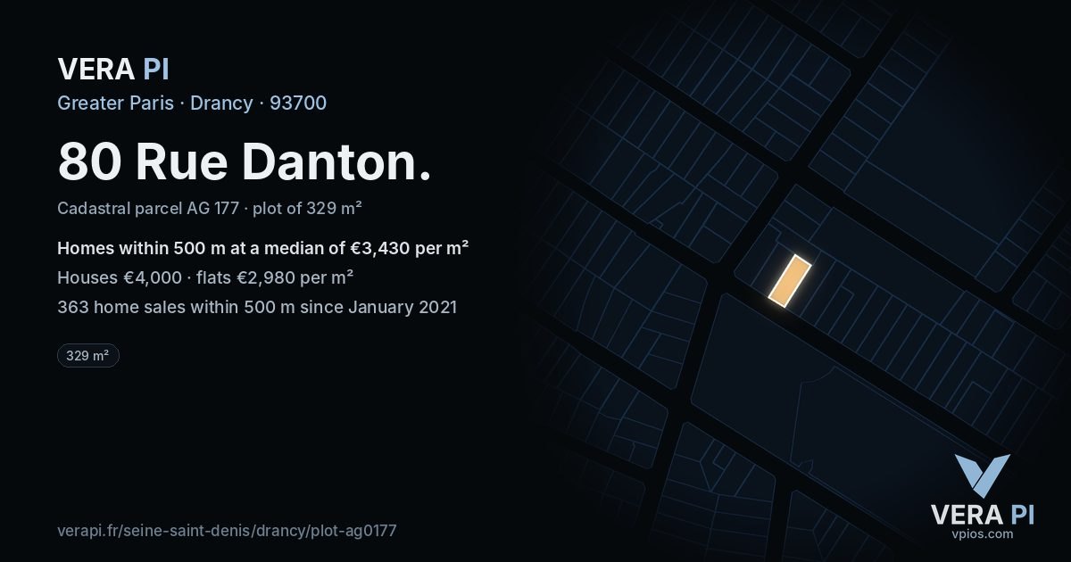 80 Rue Danton, Drancy at night – the plot lit, the parcels around coloured by the prices near them