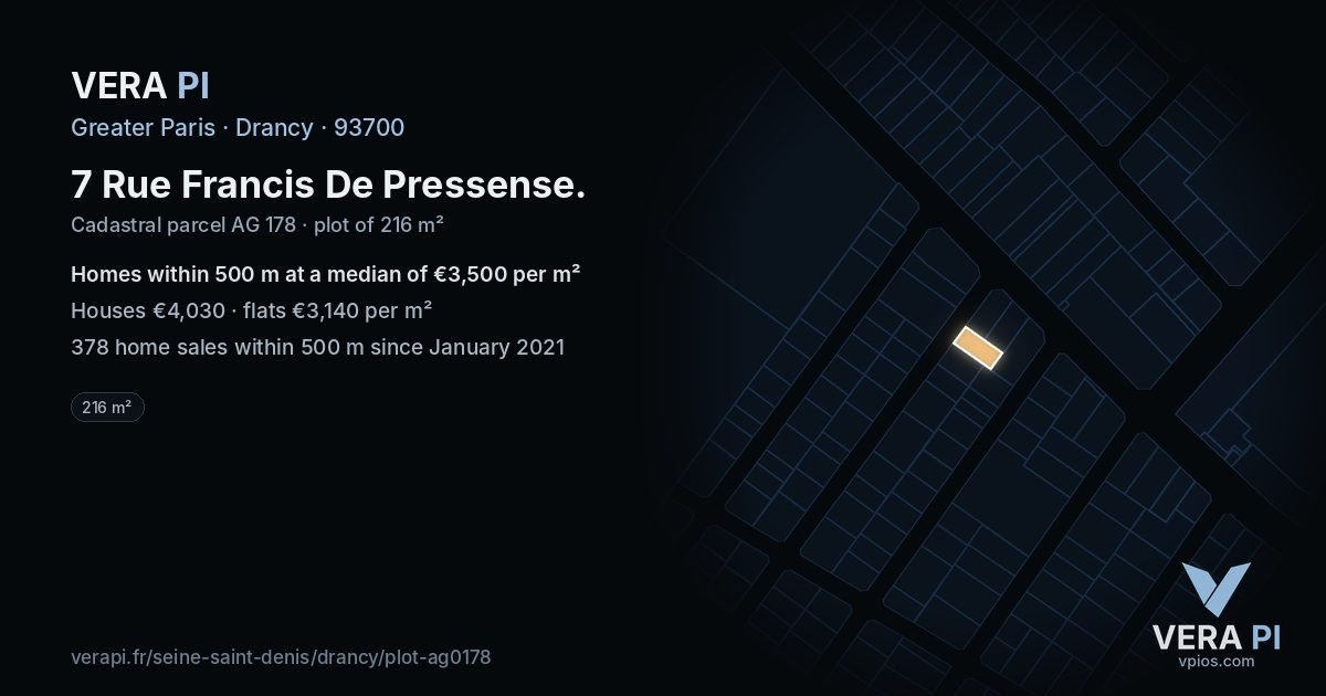 7 Rue Francis De Pressense, Drancy at night – the plot lit, the parcels around coloured by the prices near them