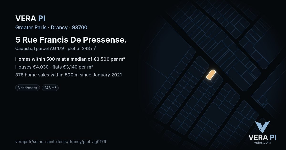 5 Rue Francis De Pressense, Drancy at night – the plot lit, the parcels around coloured by the prices near them