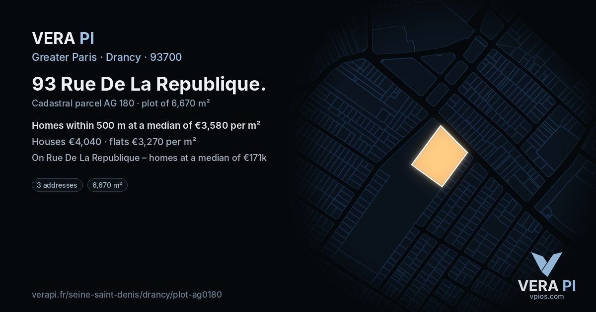 93 Rue De La Republique, Drancy at night – the plot lit, the parcels around coloured by the prices near them